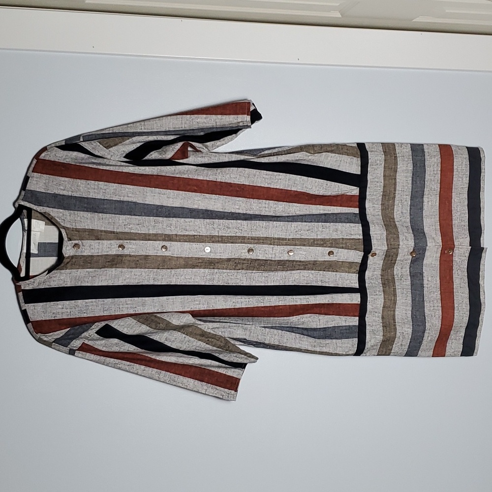 Vintage Striped Lagenlook 100% Cotton Button Front Shirt Dress